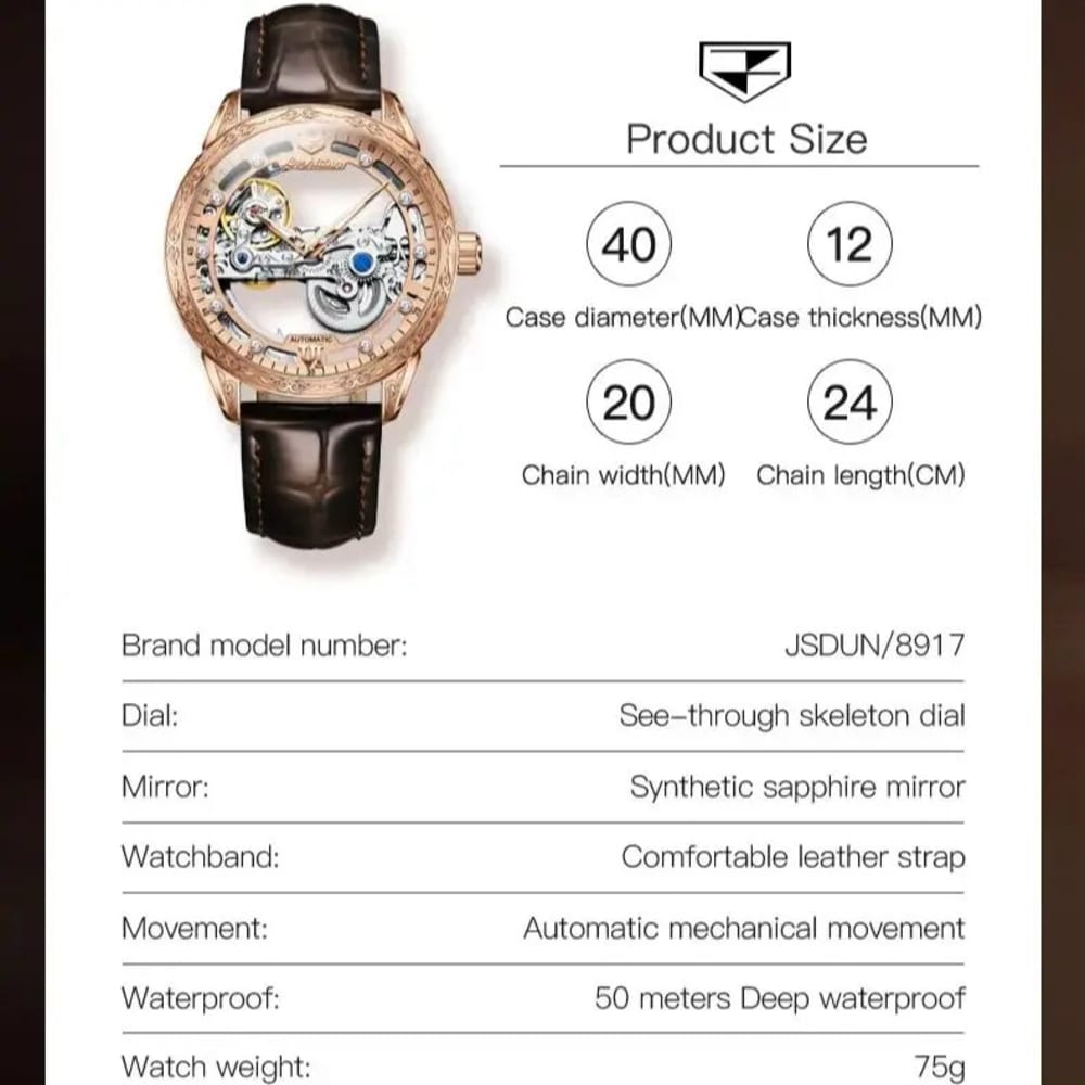 JSDUN Rose Gold Skeleton Luxury Men Automatic Watch